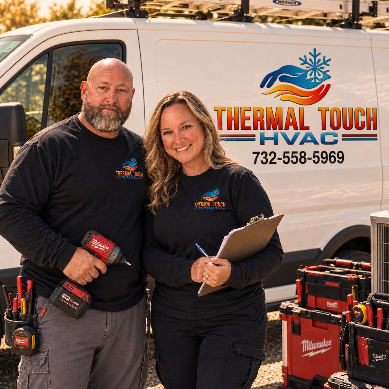 Joe and Cassandra Perry in Thermal Touch HVAC shirts standing in front of their service van with tools and clipboard