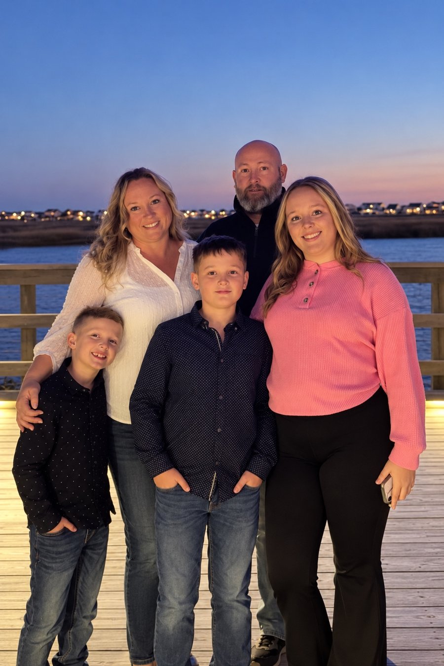 Joe and Cassandra Perry with their three children at sunset